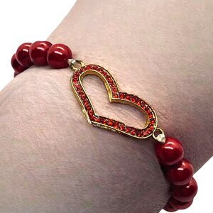 Valentine Bracelet Red Faux Pearl Stretch Red Rhinestone Love Heart Jewelry New